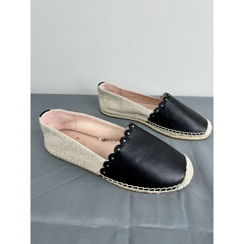 KATE SPADE Leather Gwendolyn Black Tan Applique Studded Espadrilles Sz 7.5B